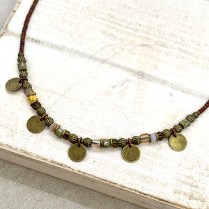 Brown and green bead necklace, boho rustic ethnic beaded choker necklace with bronze discs, necklaces for women, gifts for her, image 4