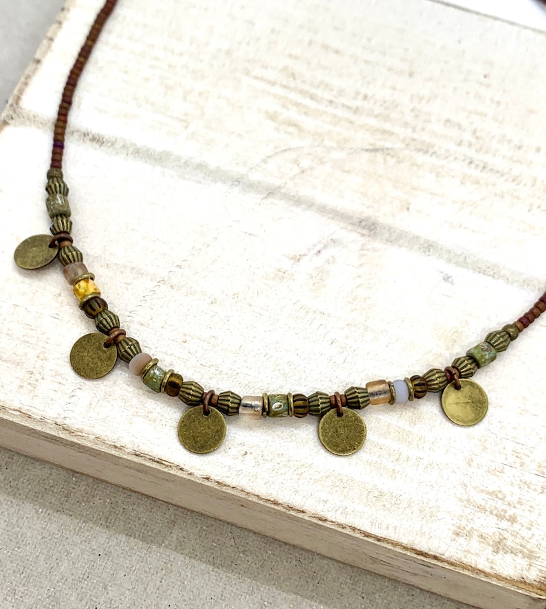 Brown and green bead necklace, boho rustic ethnic beaded choker necklace with bronze discs, necklaces for women, gifts for her, image 4