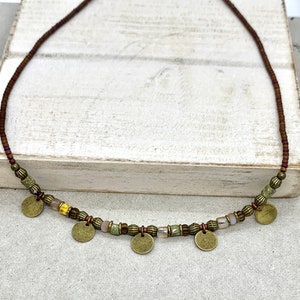 Brown and green bead necklace, boho rustic ethnic beaded choker necklace with bronze discs, necklaces for women, gifts for her, image 6