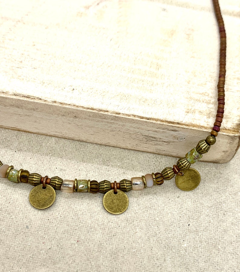 Brown and green bead necklace, boho rustic ethnic beaded choker necklace with bronze discs, necklaces for women, gifts for her, image 8