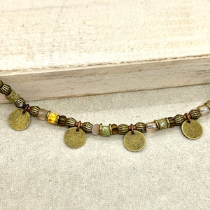 Brown and green bead necklace, boho rustic ethnic beaded choker necklace with bronze discs, necklaces for women, gifts for her, image 7