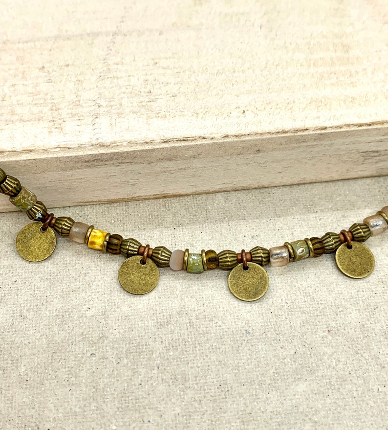 Brown and green bead necklace, boho rustic ethnic beaded choker necklace with bronze discs, necklaces for women, gifts for her, image 7