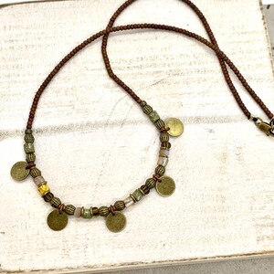 Brown and green bead necklace, boho rustic ethnic beaded choker necklace with bronze discs, necklaces for women, gifts for her, image 9