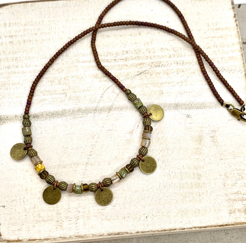 Brown and green bead necklace, boho rustic ethnic beaded choker necklace with bronze discs, necklaces for women, gifts for her, image 9