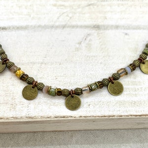 Brown and green bead necklace, boho rustic ethnic beaded choker necklace with bronze discs, necklaces for women, gifts for her, image 5