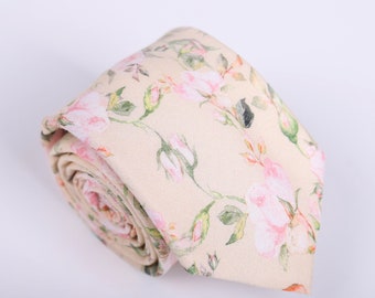 Men Cotton Floral Print Necktie Cream Colour with Rose Pattern Neck Ties for Wedding Groom Groomsmen Gift for Man