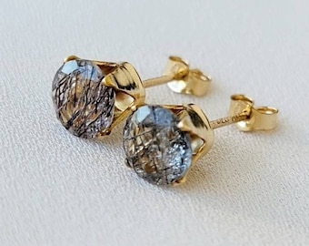 14k SOLID Gold Rutilated Black Quartz Stud Earrings - 925 Sterling Silver Jewelry - 14k White Gold Genuine Black Tourmalated Clear Quartz -