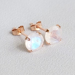 14k Rose Gold Sterling Silver Rainbow Moonstone Gemstone Stud Earrings - Solid Silver Earrings - Silver Moonstone Earrings- Stud Earrings