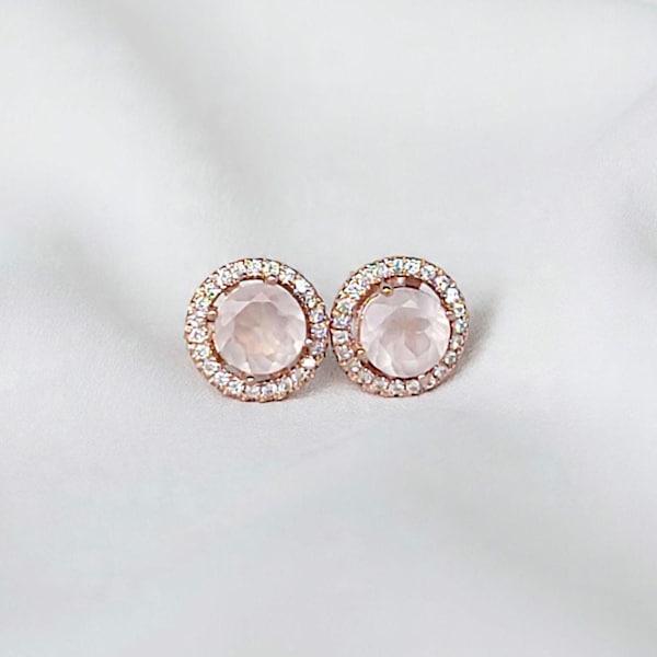 14k Rose Gold Silver Halo Rose Quartz Gemstone Stud Earrings - Rose Quartz Jewelry - Rose Gold Halo Earrings - Rose Gold Bridal Jewelry