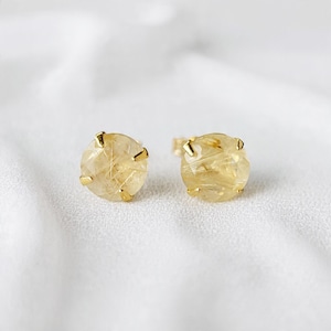 14k Gold Silver Rutilated Quartz Gemstone Stud Earrings - 925 Solid Sterling Silver Earrings - Genuine Tourmalinated Quartz Earring