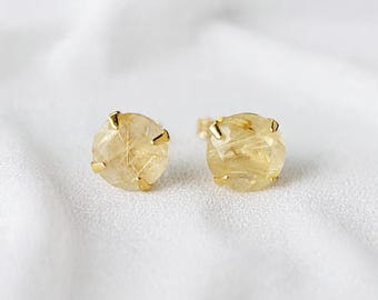 Echte Rutilquarz-Ohrstecker | 14 Karat vergoldetes Sterlingsilber | Roségold, Gelbgold oder Silber | Quarz-Edelsteinschmuck |