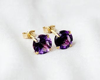 Genuine Amethyst Stud Earrings | 14K Gold Plated Sterling Silver | Rose Gold, Yellow Gold or Silver | Purple Gemstone Jewelry | Gift for Her