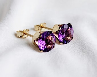 14k Solid Gold Amethyst Stud Earrings - 14k Gold Filled Genuine Amethyst Gemstone Stud Earrings - 925 Sterling Silver Amethyst Earrings