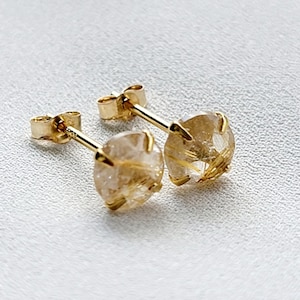 14k Gold Silver Rutilated Quartz Gemstone Stud Earrings - 925 Solid Sterling Silver Earrings - Genuine Tourmalinated Quartz Earring