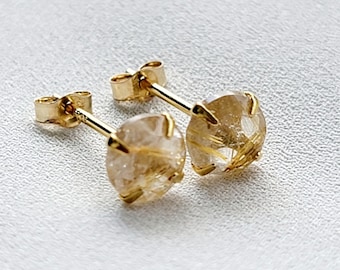 14k Gold Silver Rutilated Quartz Gemstone Stud Earrings - 925 Solid Sterling Silver Earrings - Genuine Tourmalinated Quartz Earring