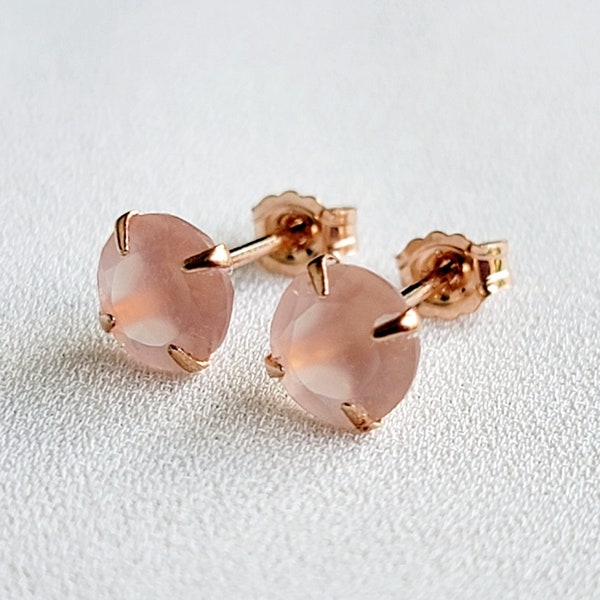 14k Rose Gold Sterling Silver Pink Chalcedony Gemstone Stud Earrings - Solid Silver Earrings - Silver Pink Chalcedony Earrings- Stud Earring