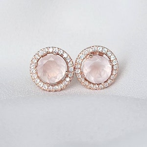 14k Rose Gold Silver Halo Rose Quartz Gemstone Stud Earrings - Rose Quartz Jewelry - Rose Gold Halo Earrings - Rose Gold Bridal Jewelry