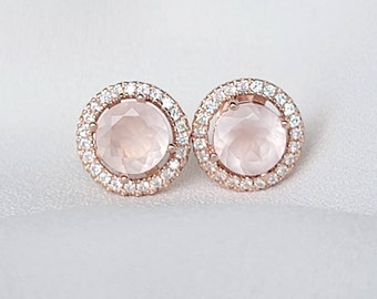 14k Rose Gold Silver Halo Rose Quartz Gemstone Stud Earrings - Rose Quartz Jewelry - Rose Gold Halo Earrings - Rose Gold Bridal Jewelry