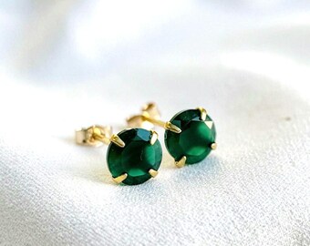 Boucles d'oreilles puces en onyx vert véritable – Pierre précieuse vert émeraude, argent massif, 6 mm