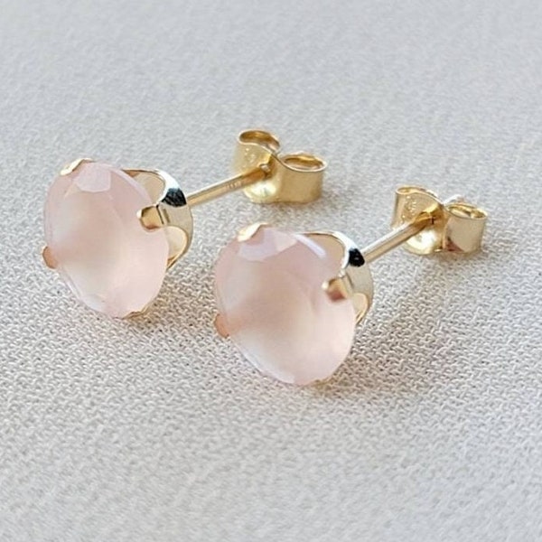 14k SOLID Gold Pink Chalcedony Stud Earrings - Crystal Jewelry Earrings - 925 Sterling Silver Pink Chalcedony Earrings