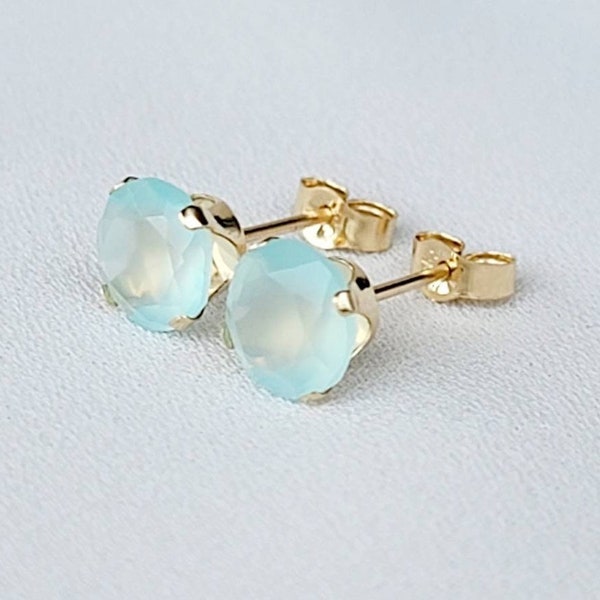 14k SOLID Gold 6MM Aqua Chalcedony Stud Earrings - 14k Gold Filled Aqua Chalcedony Stud Earrings - 925 Sterling Silver Aqua Chalcedony