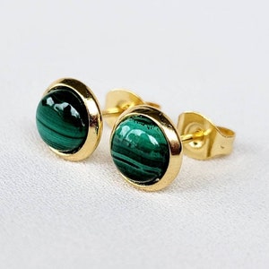 Gold Genuine Malachite Stainless Steel Stud Earrings - 6mm Gemstone Crystal Stud Earrings - Handmade Jewelry
