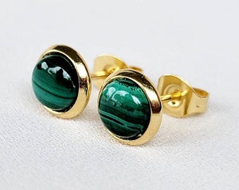 Gold Genuine Malachite Stainless Steel Stud Earrings - 6mm Gemstone Crystal Stud Earrings - Handmade Jewelry