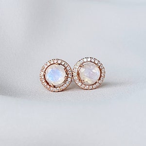 14k Rose Gold Sterling Silver Moonstone Halo Stud Earrings - .925 Solid Sterling Silver Rose Gold - Rainbow Moonstone Halo Stud Earrings