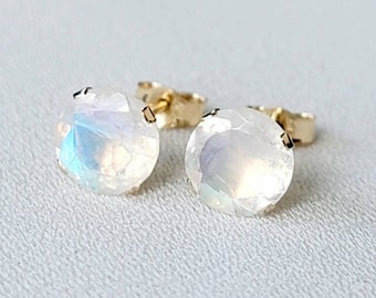 14k SOLID Gold Rainbow Moonstone Stud Earrings - 14k Gold Filled Rainbow Moonstone - Solid 925 Silver Moonstone Earring - Medium 6mm