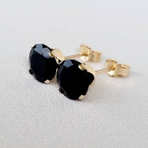 14k SOLID Gold Black Onyx Stud Earrings - 14k Gold Filled Black Onyx Stud Earrings - 6mm Silver Black Onyx Earrings - Medium Large Stone
