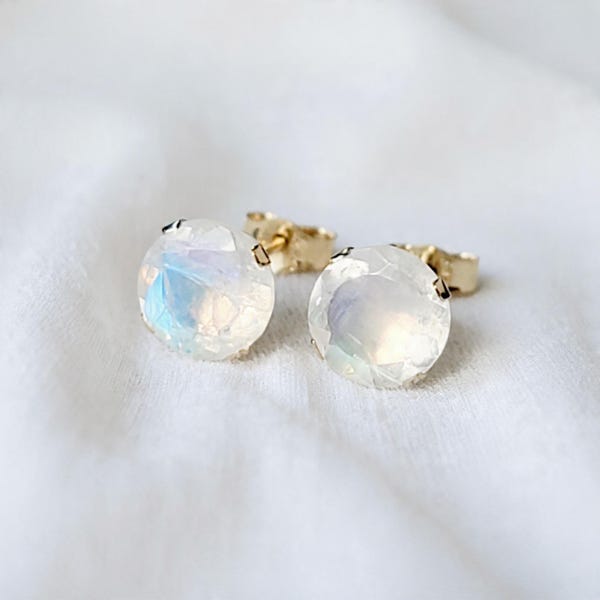 14k SOLID Gold Rainbow Moonstone Stud Earrings - 14k Gold Filled Rainbow Moonstone - Solid 925 Silver Moonstone Earring - 14k White Gold