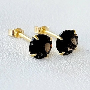 14k Gold Sterling Silver Smoky Quartz Gemstone Stud Earrings - Solid Silver Earrings - Genuine Smoky Quartz Stud Earrings