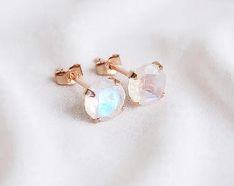 14k Rose Gold Sterling Silver Rainbow Moonstone Gemstone Stud Earrings - Solid Silver Earrings - Silver Genuine Moonstone Stud Earrings