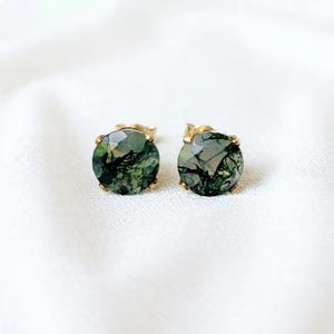 Genuine Moss Agate Stud Earrings | 14K Gold Filled, 14K Solid Gold or Sterling Silver | Nature Gemstone Jewelry | Minimalist Jewelry
