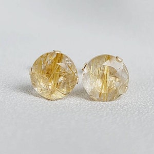 14k Solid Gold Rutilated Quartz Stud Earrings - 14k Gold Filled Yellow Golden Tourmaline Quartz Jewelry - Yellow Golden Quartz Stud Earrings