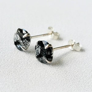 14k Rose Gold Sterling Silver Rutilated Quartz Gemstone Stud Earrings - Solid Silver Earrings - Silver Tourmalinated Quartz Earrings