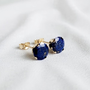 Lapis Lazuli Stud Earrings | Deep Blue Gemstone Earrings | Celestial Gold Fleck Jewelry | Minimalist Dainty Gold or Silver Studs |