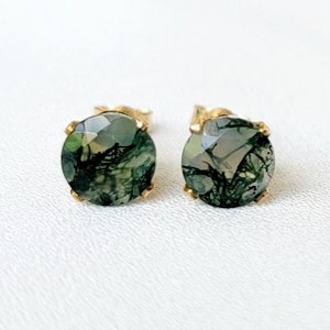 14k Solid Gold 6MM Green Moss Agate Stud Earrings - 14k Gold Filled Moss Agate Gemstone Stud Earrings - 925 Silver Moss Agate - 14k White Go