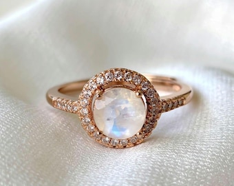 Månstenshaloring | Äkta månstensring | Sterlingsilverring | Roséguldpläterad ring | Himmelska smycken | Justerbar haloring |