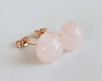 14k Rose Gold Silver Rose Quartz Silver Stud Earrings - Gemstone Jewelry - 8mm Large Rose Quartz Earrings - Sterling Silver Studs