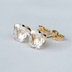 14k SOLID Gold 6MM White Topaz Stud Earrings - 14k Gold Filled Topaz Earrings - 925 Sterling Silver Topaz Studs - Faceted Cut Topaz Earrings