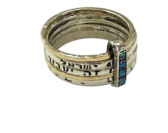 Anello in oro e argento - Anello unico in metalli misti - Shema Israel - Gioielli in argento sterling - Benedizione ebraica - Anche questo passerà