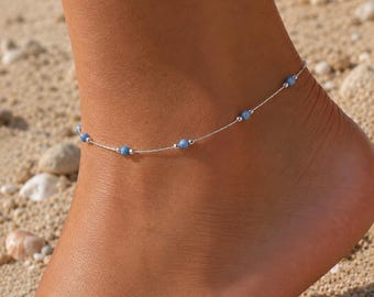 Dainty Opal Anklet, Sterling Silver Anklet, Minimalist Beach Jewelry, Blue Opal Beaded Ankle Bracelet, Delicate Summer Gift for Women