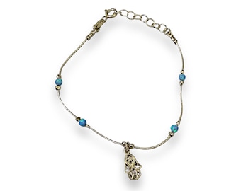 Opal Hamsa Bracelet - Sterling Silver Evil Eye Jewelry - Minimalist Hand Bracelet - October Birthstone Gift
