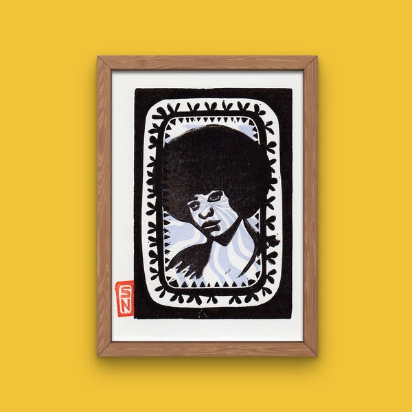 Angela Davis Portrait 15x10cm Linogravure noire sur fond psyché