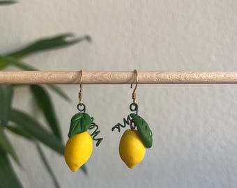Lemon Dangle Earrings - handmade - 18k gold hooks