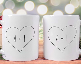 Heart Shape Custom Initials Coffee Mug, Romantic Boho Minimal Girlfriend Gift, Anniversary Wedding Couple Mug, Engagement Couple Letter Mug