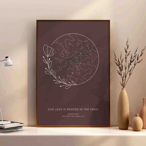 Arte de pared personalizado con mapa estelar por fecha, estilo rústico de granja boho, mapa celestial, regalo de compromiso, ubicación de propuesta de boda, regalo de aniversario para recién casados