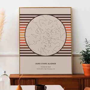 Benutzerdefinierte Sternkarte nach Datum Retro Bauhaus Poster, Verlobungsgeschenk, Hochzeit Boho Dekor Kunst Geschenk für Paar Jahrestag Print, Sternzeichen Geschenk