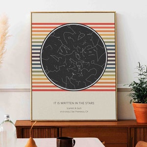 Carte des étoiles personnalisée par date affiche de fierté arc-en-ciel rétro, cadeau de fiançailles gay, impression de décoration bohème de mariage queer, souvenir d'anniversaire de couple de lesbiennes
